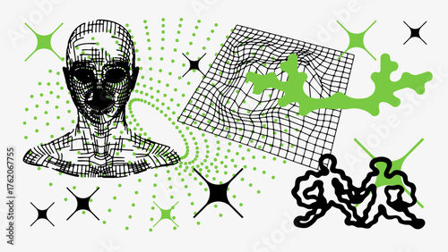 Vector Graphic Assets Set. Shapes in Y2k style, Futuristic, Brutalist, Anti-design