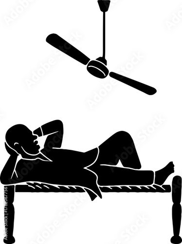 Silhouette of man sleeping on charpai with fan falling down - funny realism  vector. with white background 