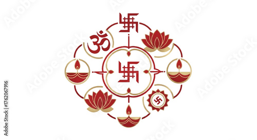 Red and gold Hindu sacred symbol surrounded by lotus flowers and lamps on white background with intricate design.