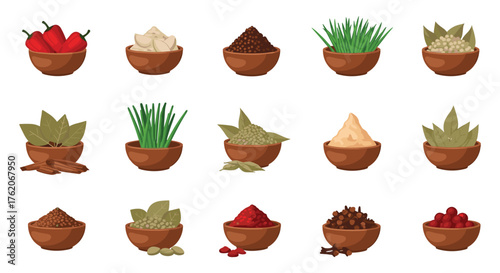 A collection of wooden bowls filled with various spices and herbs.