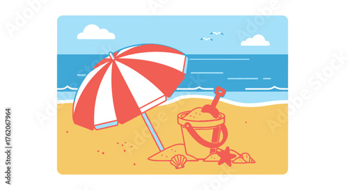Cartoon beach scene with umbrella bucket and sand for Summer Holiday