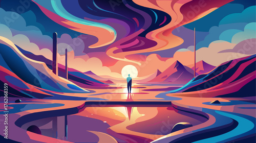 Person standing in colorful landscape at sunset time