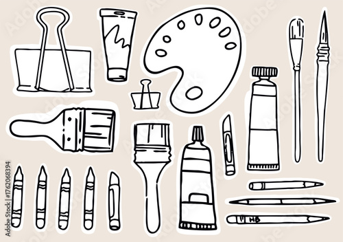A set of elements for artists and architects, hand-drawn doodle style elements for an art studio
