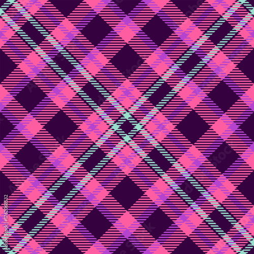 Vibrant plaid pattern with intersecting lines and squares in shades of pink, purple, and blue. Ideal for backgrounds, textiles, and graphic designs.