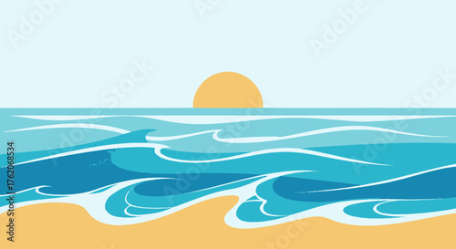 Beach sunset vector illustration with waves and sand