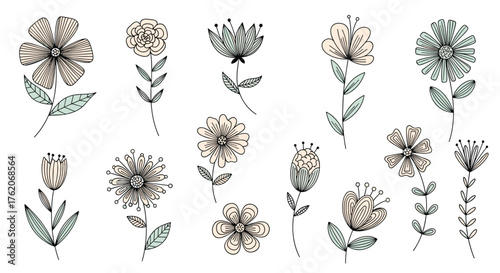 A collection of delicate folk art style floral illustrations in muted pastel colors.