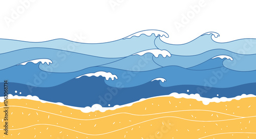 Stylized seascape with ocean waves and beach illustration backdrop design