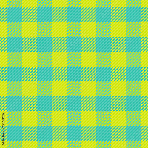 Vibrant checkerboard pattern in a teal and yellow hue. A geometric design, textile background for abstract graphics, clothing, crafts, or a whimsical design element.