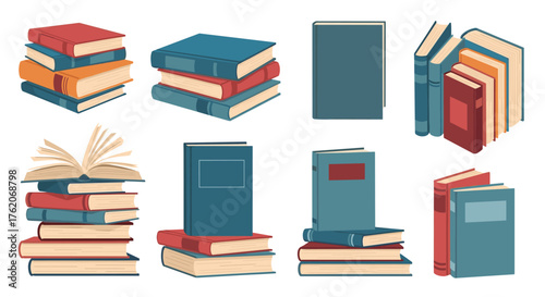 A collection of colorful pixel art books displayed in stacks and rows.