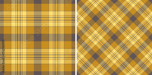 Seamless plaid pattern, straight and diagonal. Mustard, yellow, gray hues create a warm, comforting texture. Ideal for textile design, backgrounds, and crafts.