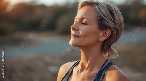 Serene Contemplation: Capturing the image of a woman finding peace, with eyes gently closed, reflecting a moment of quiet reflection, connecting with the natural world around her. 