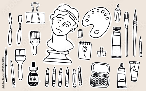 A set of elements for artists and architects, hand-drawn doodle style elements for an art studio