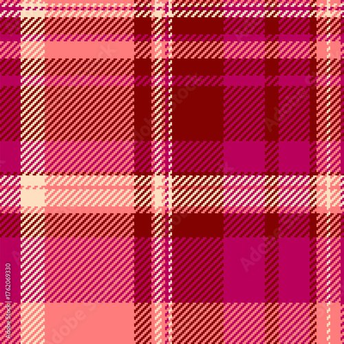 Detailed tartan pattern in shades of red and pink. Useful for backgrounds, textiles or as a symbol of tradition and heritage. Seamless design element.