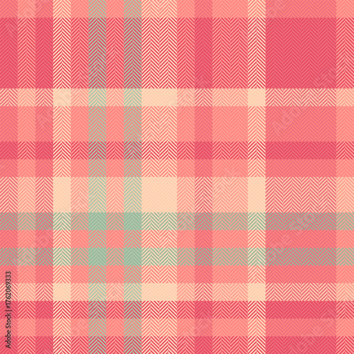 Vibrant pink plaid pattern with herringbone texture. A versatile seamless textile design ideal for fashion, backgrounds, or creative projects requiring a classic touch.