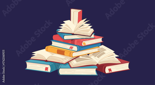 A large pile of open and closed books in various colors.