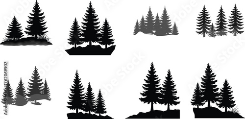 Evergreen tree silhouette, pine forest clipart, nature landscape icon, black woodland graphic, outdoor scenery, rocky terrain, vector illustration