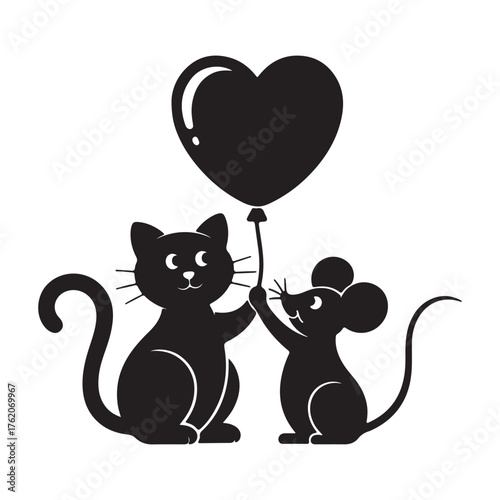Two funny cartoon cats and a mouse in love, a vector illustration with a heart and paw silhouette