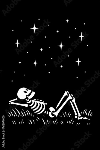 Skeleton laying on grass looking at stars - peaceful eternity theme vector with white background 