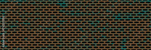 Rusty grate seamless bg with patina and perforation with rounded rectangular holes. Aged grunge texture. Old worn metal background. Metal mesh with distressed oxidation effect. Vector illustration.