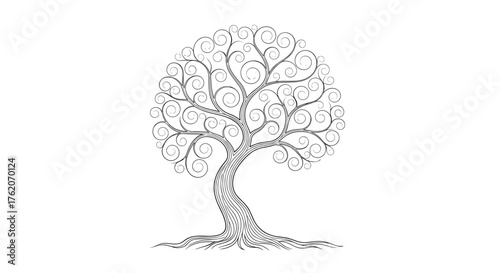A stylized illustration of a tree with a circular canopy and prominent roots.