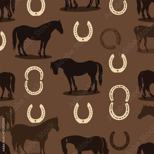 Simple brown horse and horseshoe seamless pattern background. Silhouette Horse. Vector Animal Flat Illustration.
