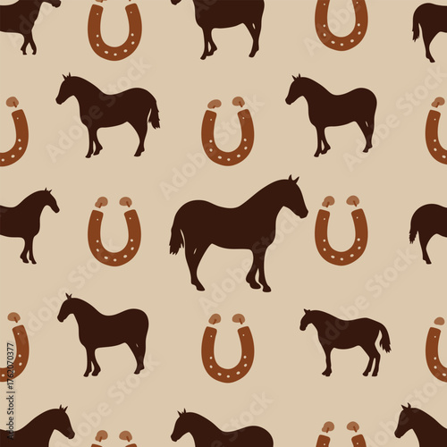 Simple brown horse and horseshoe seamless pattern background. Silhouette Horse. Vector Animal Flat Illustration.