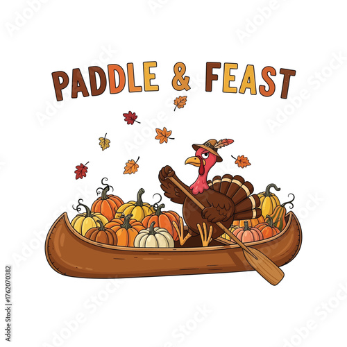 Paddle & Feast Illustration: A festive illustration showcasing a turkey paddling a canoe filled with pumpkins, accompanied by falling leaves, celebrating the season's bounty and joyful gathering.