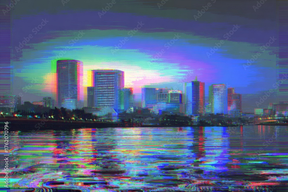 Fototapeta premium City skyline reflects on water with vibrant color distortion and digital screen glitch effects.