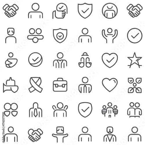 Minimalist business and trust line icons set with editable stroke. Thin linear vector illustration representing teamwork, reliability, leadership, success, responsibility, loyalty, and unity.