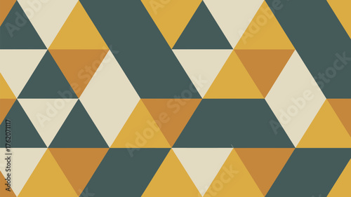 A geometric pattern featuring triangles in shades of yellow, orange, cream, and dark teal colors