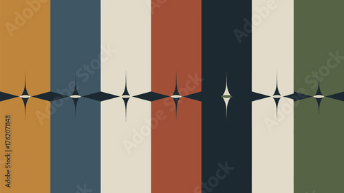 Abstract design featuring vertical color blocks with starburst shapes connecting them across the image