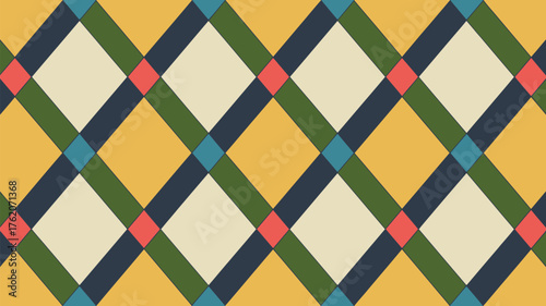 Colorful diamond pattern with yellow background and intersecting lines of green and navy diagonal design
