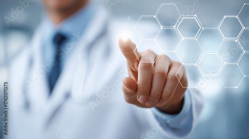 Doctor touching virtual hexagonal interface on a digital screen - modern healthcare technology, innovation and digital medicine.