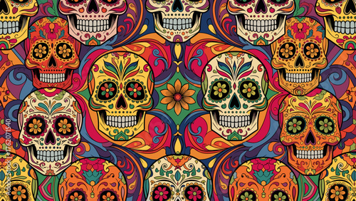 Vibrant Sugar Skull Seamless Pattern. Colorful Day of the Dead Calavera Design with Mexican Folk Art Floral Ornaments Background.