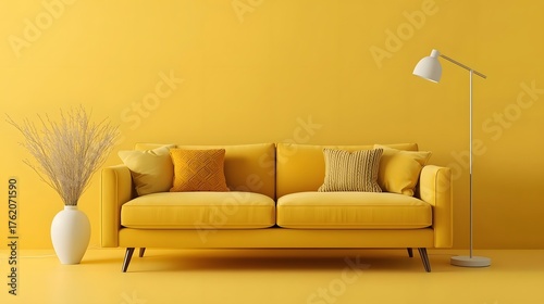 Yellow Living Room Harmony: A stylish yellow sofa is positioned in front of a matching wall, creating a simple, yet inviting interior space. Accented by a lamp and a vase of decorative plants.