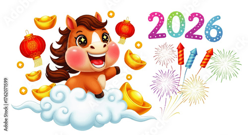 Vibrant Cartoon Horse Riding a Cloud Amidst Sparkling Fireworks and Golden Treasures, Joyfully Ushering in the Prosperous New Year 2026