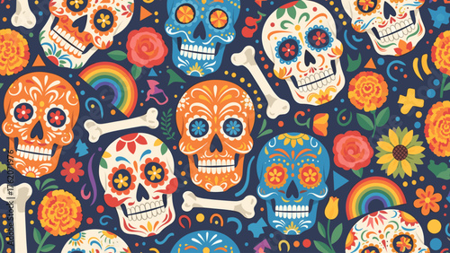 Day of the Dead Colorful Sugar Skulls and Marigold Flowers Seamless Pattern
