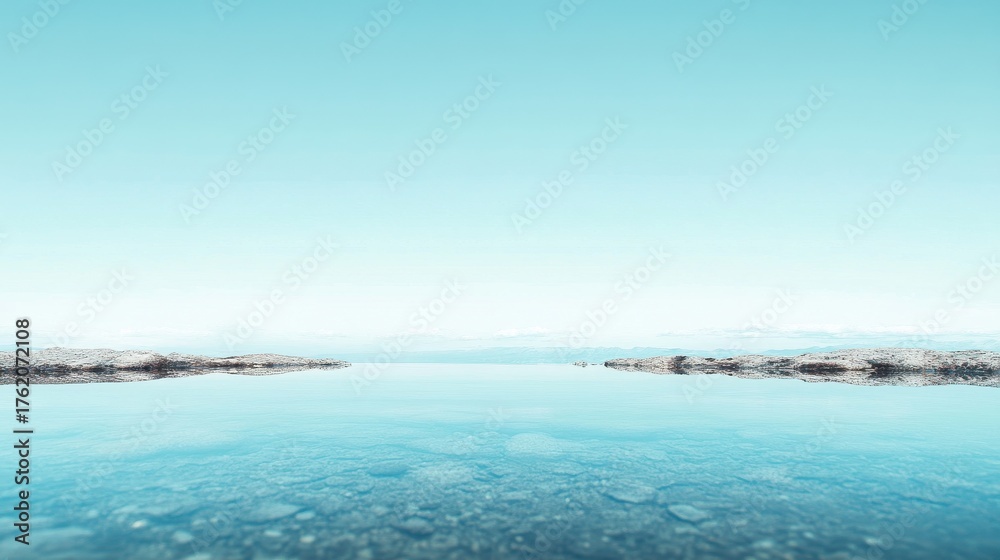 Fototapeta premium Calm blue water under a clear sky with distant rocky shores during peaceful daylight hours