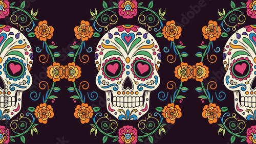 Vibrant Day of the Dead Sugar Skulls and Floral Seamless Pattern on Dark Background