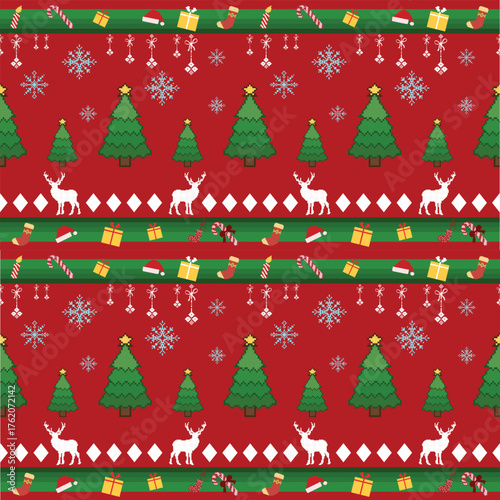 Christmas seamless pattern with Christmas trees, green Christmas tree on red background. Seamless for card, textile, wallpaper.