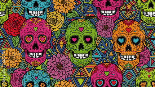 Dia de los Muertos Seamless Pattern: Vibrant Sugar Skulls, Marigolds, and Geometric Designs