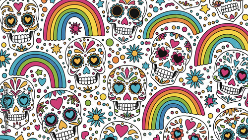 Vibrant Sugar Skulls and Rainbows Seamless Pattern. Colorful Calavera Design with Hearts and Flowers for Festive Backgrounds.