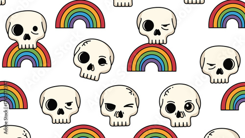 Whimsical Skull and Rainbow Doodle Seamless Pattern