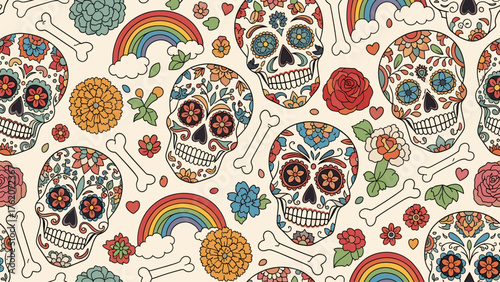 Vibrant Day of the Dead Seamless Pattern with Colorful Sugar Skulls, Marigolds, Rainbows, and Bones