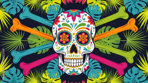 Dia de los Muertos Sugar Skull and Colorful Bones on Tropical Foliage Pattern Background