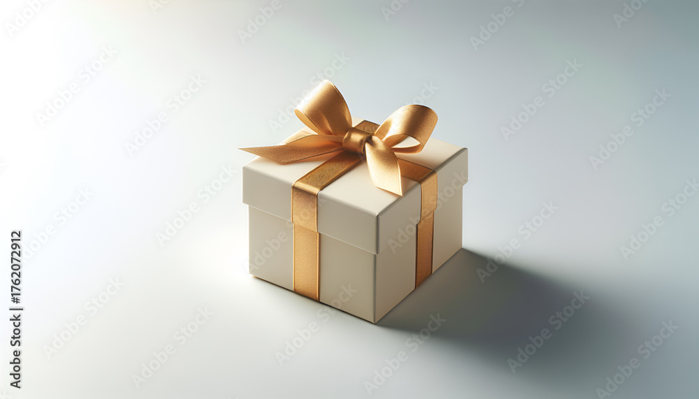 Fototapeta premium Elegant gift box with golden ribbon and bow, beautifully presented on a soft gradient background, symbolizing celebration and special occasions in a minimalist style