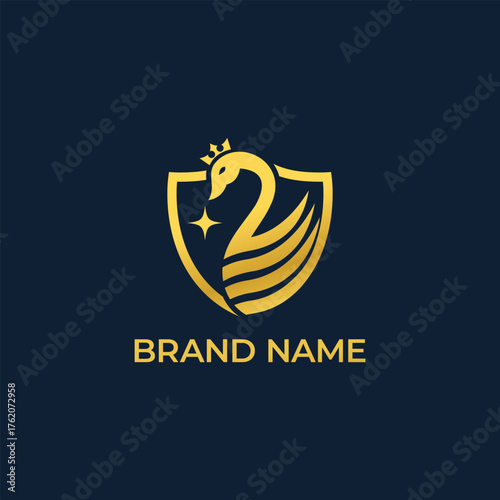 Gold Queen Swan Shield Logo Vector
