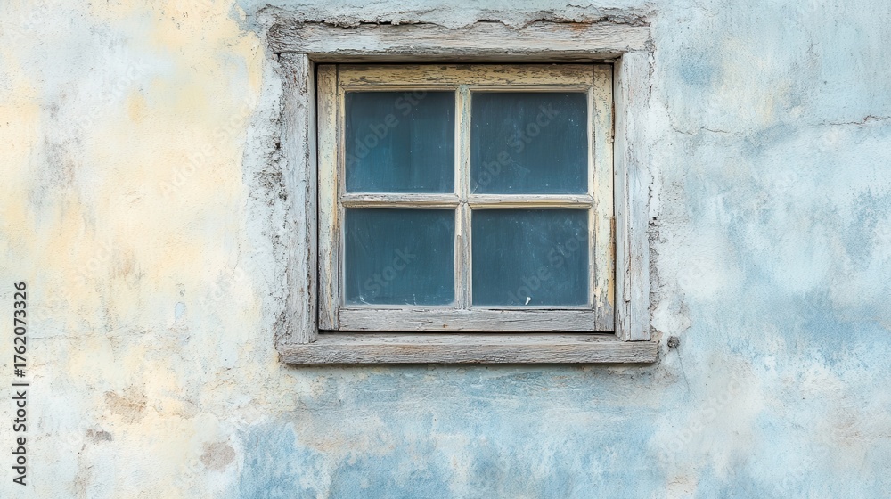 Fototapeta premium Old wooden window in a weathered blue wall with peeling paint captured in natural light