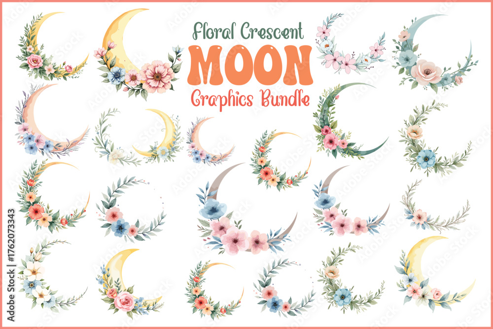 Fototapeta premium Floral Crescent Moon Watercolor Clipart Bundle