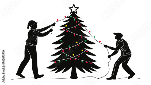Friends Decorating Christmas Tree Holiday Lights Silhouette, Illustration of two people, wearing winter hats, decorating a Christmas tree with colorful string lights